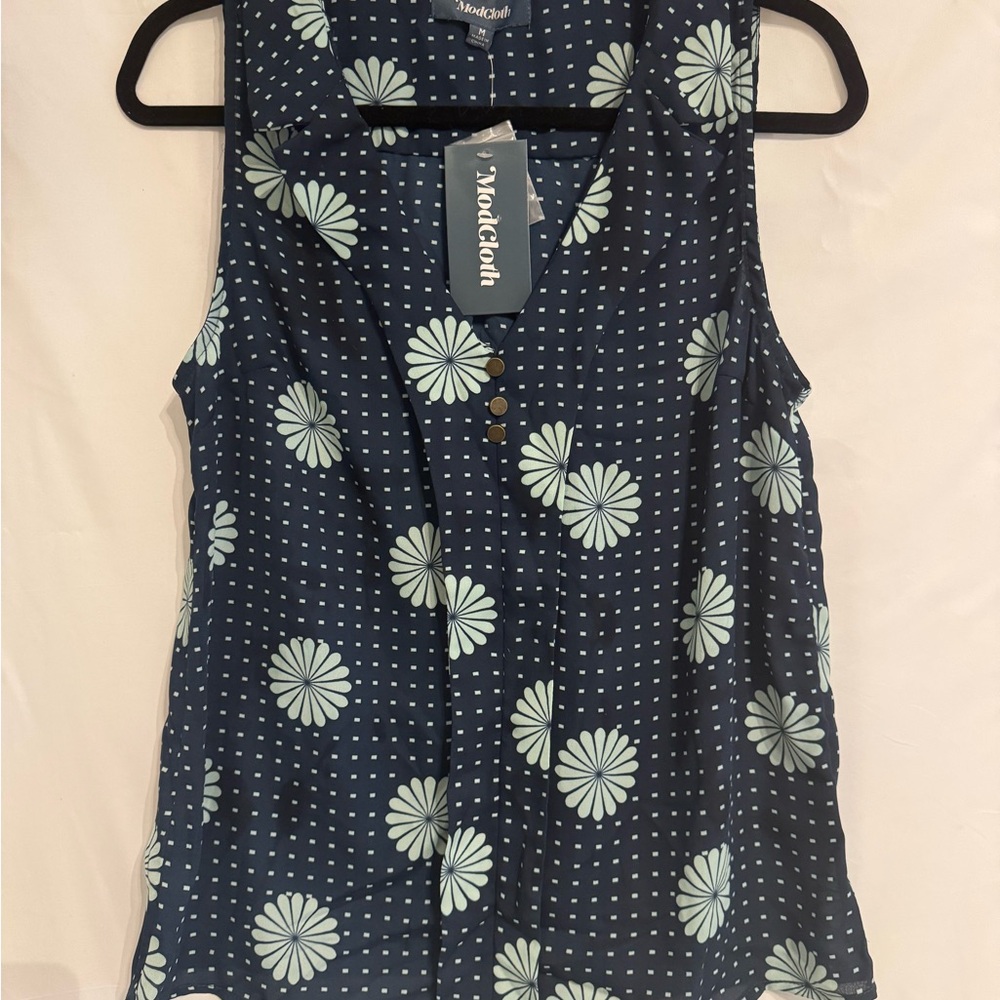 Modcloth Navy and Mint Floral Sleeveless Blouse